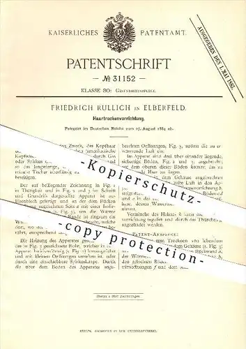 original Patent - F. Rullich , Elberfeld , 1884 , Haartrockner , Haar , Haare , Frisur , Friseur , Trockenvorrichtung !!