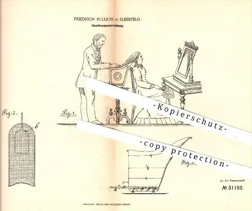 original Patent - F. Rullich , Elberfeld , 1884 , Haartrockner , Haar , Haare , Frisur , Friseur , Trockenvorrichtung !!