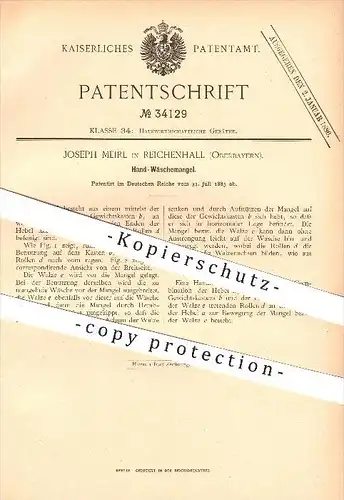 original Patent - Joseph Meirl in Reichenhall , 1885 , Hand - Wäschemangel , Mangel , Wäsche , Wäscherei , Waschen !!!