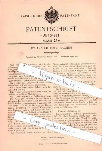Original Patent  - Johann Gilliam in Aachen , 1901 , Feuerungsanlage !!!
