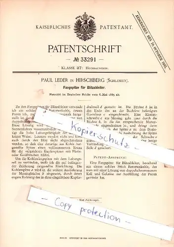 Original Patent  - Paul Leder in Hirschberg / Jelenia Góra , Schlesien , 1885 , Fangspitze für Blitzableiter !!!