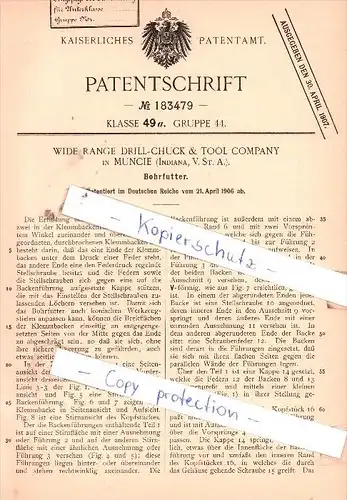 Original Patent  - Wide Range Drill-Chuck & Tool Company in Muncie , Indiana, USA  , 1906 ,  !!!