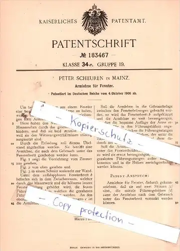 Original Patent  - Peter Scheuren in Mainz , 1906 , Armlehne für Fenster !!!