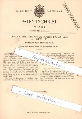 Original Patent  - Oskar Robert Fischer und Robert Brukenhaus in Hagen i. W.  , 1887 , !!!