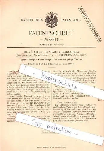 Original Patent  - Regulatoruhrenfabrik Concordia in Freiburg / Swiebodzice, Schlesien , 1888 , Schlosserei !!!