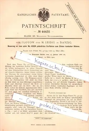 Original Patent  - von Flotow und H. Leidig in Danzig , 1888 ,  Verfahren zum Ziehen konischer Röhren !!!