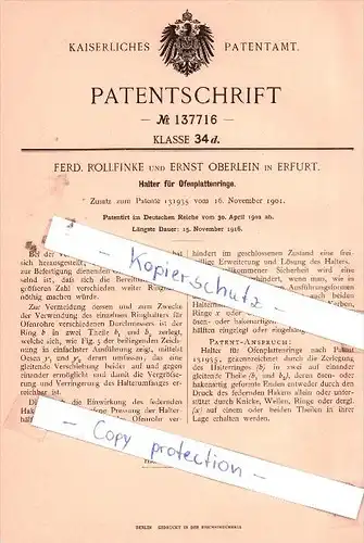 Original Patent  - Ferd. Rollfinke und Ernst Oberlein in Erfurt , 1902 ,  Halter für Ofenplattenringe !!!