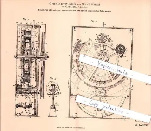 Original Patent  - Grier Q. Livingston und Frank W. Hall in Congers , Georgia , 1901 , Federmotor !!!