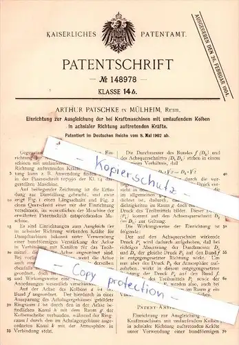Original Patent  -  Arthur Patschke in Mülheim, Ruhr , 1902 , Kraftmaschinen !!!