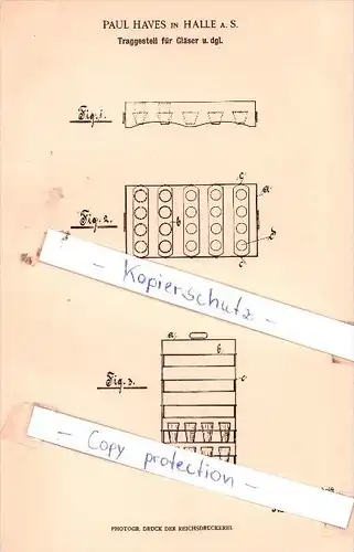 Original Patent  - Paul Haves in Halle a. S. , 1903 , Traggestell für Gläser u. dgl. !!!