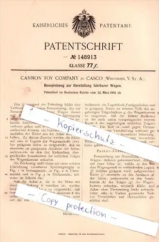 Original Patent  -  Cannon Toy Company in Casco , Wisconsin, V. St. A. , 1902 , !!!