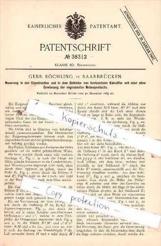 Original Patent  - Gebr. Röchling in Saarbrücken , 1885 , Brennstoffe !!!
