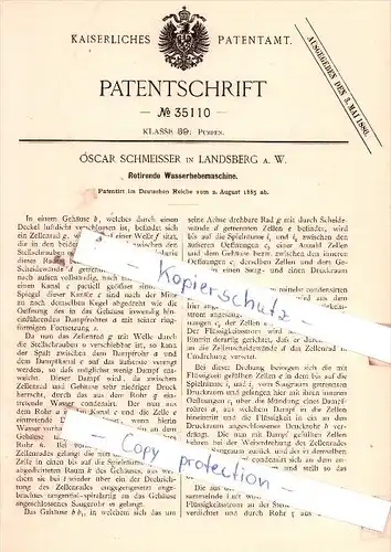 Original Patent  - Oscar Schmeisser in Landsberg a. W. , 1885 , Wasserhebemaschine , Gorzów Wielkopolski !!!