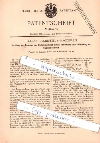 Original Patent  - Theodor Dschenfzig in Magdeburg , 1887 , Zerlegung von Bariumsaccharat !!!