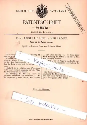Original Patent  -  Firma Robert Gruis in Heilbronn , 1885 , Neuerung an Wassermessern !!!