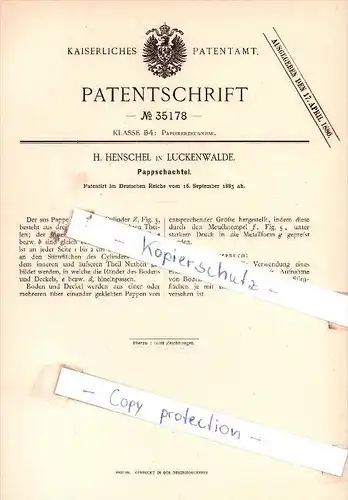 Original Patent  - H. Henschel in Luckenwalde , 1885 , Pappschachtel !!!