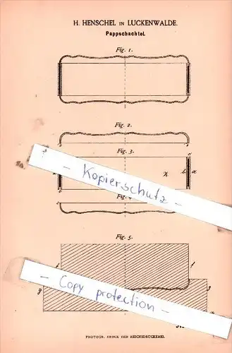 Original Patent  - H. Henschel in Luckenwalde , 1885 , Pappschachtel !!!