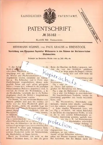 Original Patent  -  Herrmann Hähnel und Paul Krauss in Eibenstock , 1885 , Nähmaschinen !!!