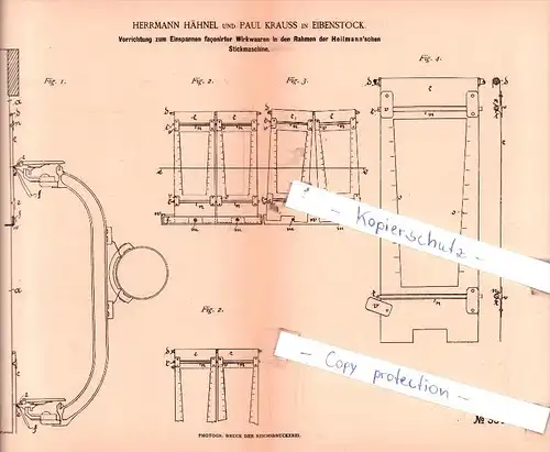 Original Patent  -  Herrmann Hähnel und Paul Krauss in Eibenstock , 1885 , Nähmaschinen !!!