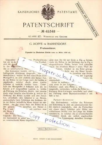 Original Patent  -  G. Hoppe in Bahrendorf b. Sülzetal , 1888 ,  Probenehmer !!!