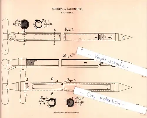 Original Patent  -  G. Hoppe in Bahrendorf b. Sülzetal , 1888 ,  Probenehmer !!!