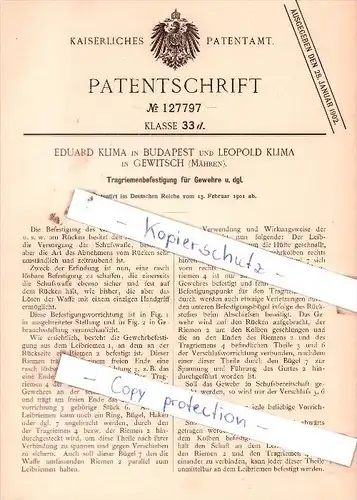 Original Patent  - Leopold Klima in Gewitsch / Jevicko , Mähren , 1901 , Eduard Klima in Budapest !!!