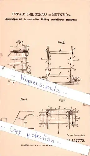 Original Patent  - Oswald Emil Scharf in Mittweida , 1900 , Ziegelwagen mit Tragarmen !!!