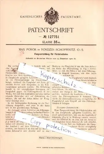 Original Patent  - Max Posor in Rosdzin-Schoppinitz , Schlesien , 1900 ,  Fangvorrichtung , Katowice !!!