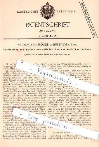 Original Patent  - Nicolaus Massonne in Burbach a. Saar. , 1900 , Bohren von Löchern , Saarbrücken !!!