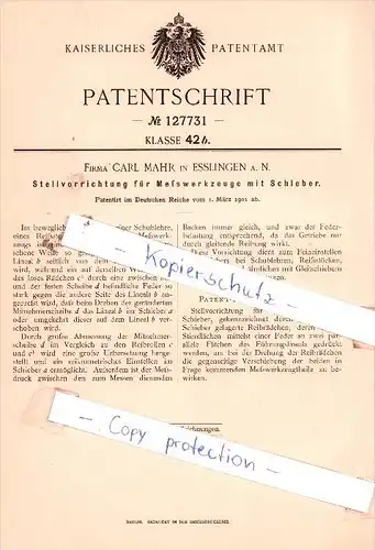 Original Patent  - Firma C. Mahr in Esslingen a. N. , Stellvorrichtung für Meßwerkzeuge mit Schieber !!!