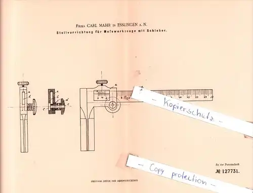 Original Patent  - Firma C. Mahr in Esslingen a. N. , Stellvorrichtung für Meßwerkzeuge mit Schieber !!!