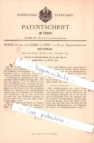 Original Patent  - Moritz Ritter von Szàbel in Stein a. d. Donau , 1893 , Koch-Feldflasche !!!