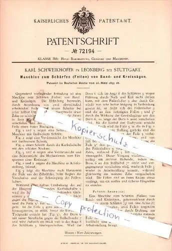 Original Patent  - Karl Schweikhofer in Leonberg bei Stuttgart , 1893 ,  !!!