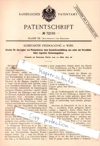 Original Patent  - Konstantin Predragovic in Wien , 1893 , Gewehr , Platzpatronen , Munition , Waffe !!!