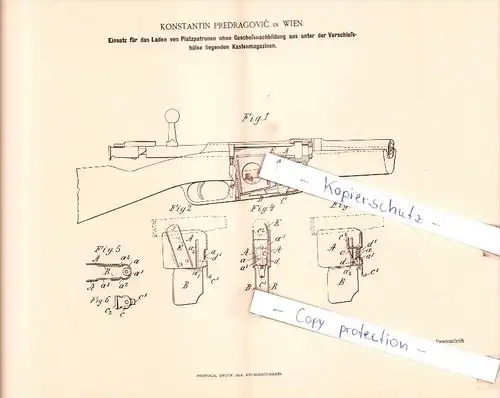 Original Patent  - Konstantin Predragovic in Wien , 1893 , Gewehr , Platzpatronen , Munition , Waffe !!!