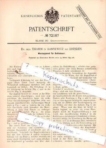 Original Patent  - Dr. med. Thamm in Bannewitz b. Dresden ,1893, Weckapparat für Bettnässer , Kinder , Arzt , Kinderarzt