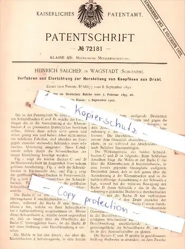 Original Patent  - H. Salcher in Wagstadt / Bilovec , Schlesien , 1893 , Herstellung von Knopfösen aus Draht !!!