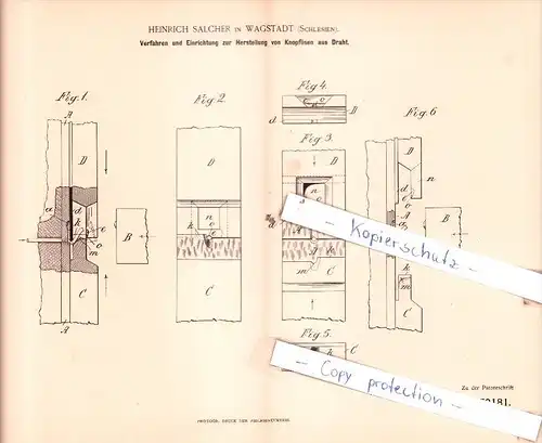 Original Patent  - H. Salcher in Wagstadt / Bilovec , Schlesien , 1893 , Herstellung von Knopfösen aus Draht !!!