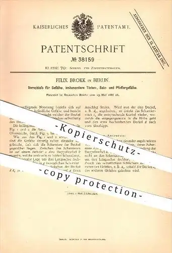 original Patent - Felix Brokk , Berlin , 1886, Verschluss für Gefäße , Tintenfass , Fass , Tinte , Schreiben , Scharnier