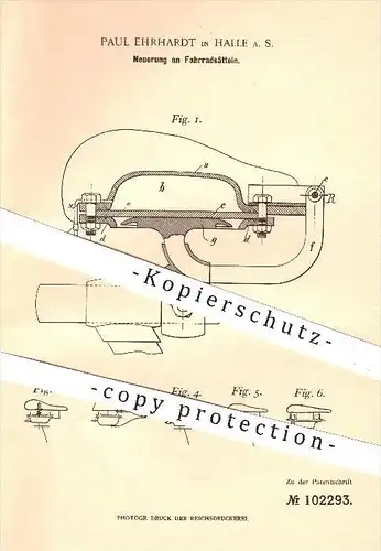 original Patent - Paul Ehrhardt , Halle / Saale , 1898 , Fahrrad - Sattel , Sitz , Fahrräder , Fahrzeugbau , Sattler !!!