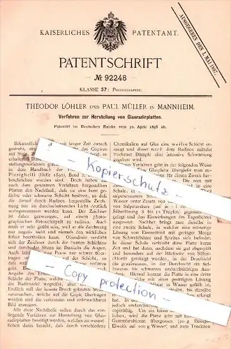 Original Patent  - Theodor Löhler und Paul Müller in Mannheim , 1896 , Photographie !!!