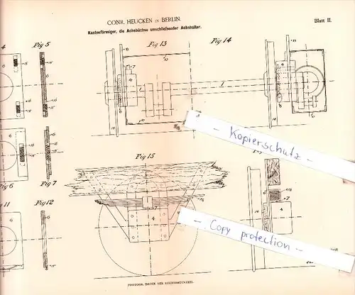 Original Patent  - Conr. Heucken in Berlin , 1885 , Achsbüchse umschließender Achshalter !!!