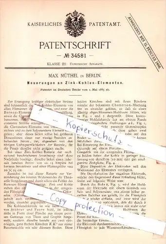 Original Patent  - Max Müthel in Berlin , 1885 , Neuerungen an Zink-Kohlen-Elementen !!!