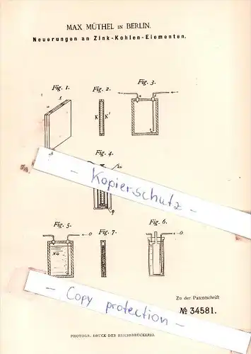 Original Patent  - Max Müthel in Berlin , 1885 , Neuerungen an Zink-Kohlen-Elementen !!!