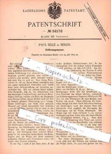 Original Patent  - Paul Selle in Berlin , 1885 , Entfernungsmesser !!!