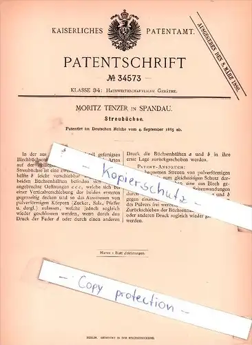 Original Patent  - Moritz Tenzer in Spandau , 1885 ,  Streubüchse !!!