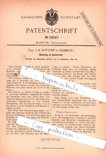 Original Patent  - Frau J. H. Sottorf in  Hamburg , 1885 ,  Neuerung an Kochherden !!!