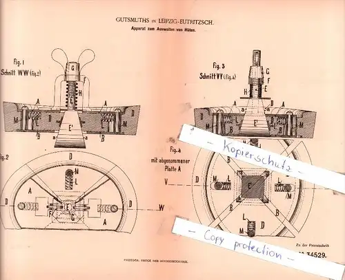 Original Patent  - Gutsmuths in Leipzig-Eutritzsch , 1885 , Apparat zum Ausweiten von Hüten !!!