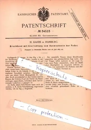 Original Patent  - H. Harbs in Hamburg , 1885 , Gesundheitspflege !!!