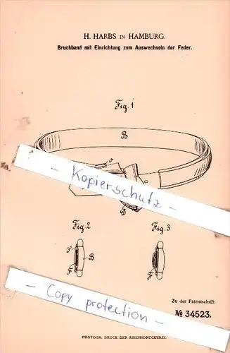 Original Patent  - H. Harbs in Hamburg , 1885 , Gesundheitspflege !!!